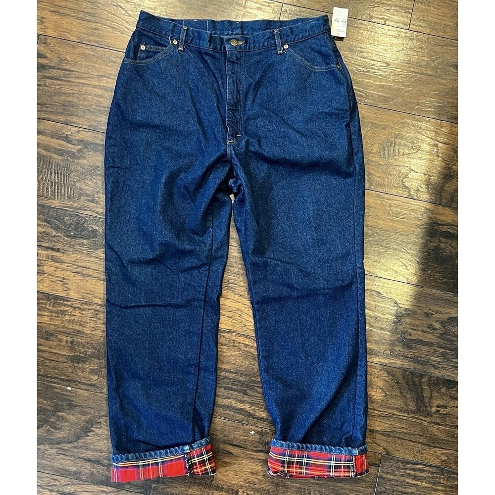 L.L.Bean Vintage Women's Flannel Lined Jeans Blue Straight Leg Plaid Cuff 36x32